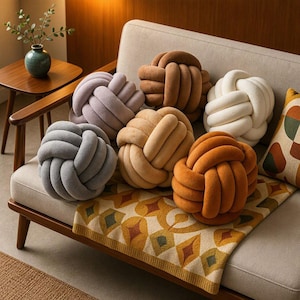 May include: A collection of six round knot pillows in various solid colors including grey, light purple, brown, tan, orange, and white. Each pillow features a continuous woven fabric design that creates a spherical shape with a soft, plush texture.