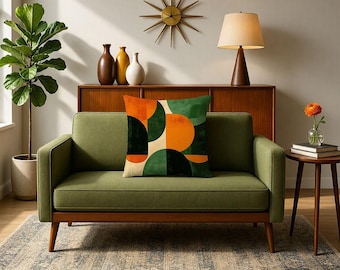 Mid Century Modern Pillow Cover, Vintage Retro Cushion Cover, Green Orange Black Throw Pillow, Geometric Sofa Decor, 18x18 Home Accent