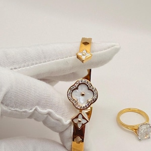 Gold Clover Bangle Bracelet | White Mother of Pearl, Crystal Accents