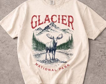 chemise vintage du parc national des Glaciers, t-shirt graphique Moose Wilderness, art rétro de la nature, chemise animal couleurs confortables