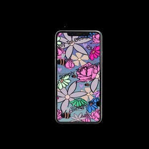 May include: A smartphone displaying a digital wallpaper with a pattern of pink, blue, and light purple flowers, small hearts, and bumblebees on a light blue background. The text Simply Tal Designs is repeated across the screen in a dark font.