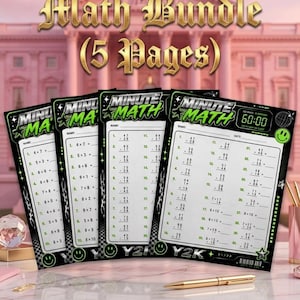 May include: A math bundle of five pages featuring black and green worksheets titled Minute Math. Each page includes a list of arithmetic problems, a name and date field, a timer graphic set to 60:00, a smiley face icon, and Y2K text branding.