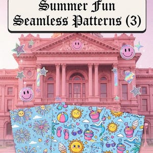 Può includere: Una grafica digitale con il testo Summer Fun Seamless Patterns (3) sopra tre pannelli azzurri che mostrano illustrazioni ripetute di soli gialli, secchielli rosa, coni gelato, palloni da spiaggia, infradito e delfini.