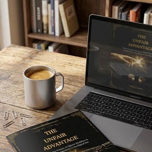 Peut inclure: Un ordinateur portable, un livre intitulé "The Unfair Advantage" et une tasse de café sont posés sur un bureau en bois. La couverture du livre est noire avec des accents dorés et le texte "The Unfair Advantage". Une étagère remplie de livres est en arrière-plan.