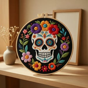 May include: Embroidered Day of the Dead skull art in a wooden hoop. The skull is white with colorful floral accents and surrounded by a wreath of flowers in shades of purple, orange, red, and pink. The background is black.