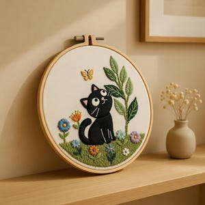 Black Cat Embroidery Kit, Beginner Gothic Needlework Craft, Hand Embroide Artful Hoop,