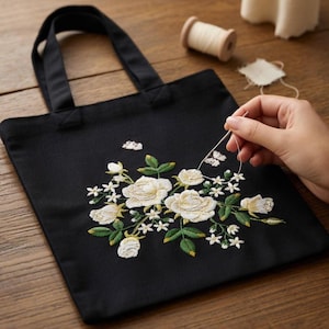 Pode incluir: Bolsa tote preta com um design de bordado floral com rosas brancas, folhas verdes e pequenas flores brancas. A bolsa tem alças pretas e é feita de um tecido resistente. Uma mão é mostrada costurando o bordado.