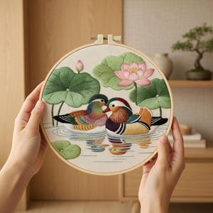 Duck embroidery kit, beginner nature needlework with lotus pond pattern, calm craft activity