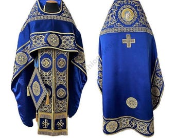 Królewski niebieski ornat kapłański ze złotym haftem | Katolicki strój liturgiczny do mszy | Ręcznie robiona szata kościelna | Tradycyjny strój duchowny