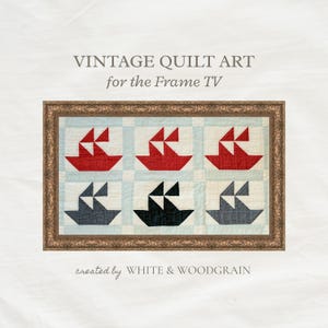 Puede incluir: Arte de edredón vintage para Frame TV. La obra presenta un edredón enmarcado con un fondo a cuadros azul claro y blanco. Se muestran seis diseños en forma de barco en rojo, negro y gris. El texto "created by WHITE & WOODGRAIN" está en la parte inferior.