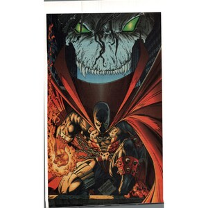 May include: A comic book cover illustration featuring a dark costumed figure with a flowing red cape, spiked gauntlets, and chains across the chest. Above the figure looms a large, pale, monstrous face with glowing green eyes and sharp teeth.