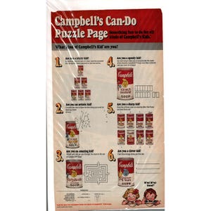 May include: A Campbell's Can-Do Puzzle Page featuring six numbered activities for children. The red and white sheet includes illustrations of Campbell's soup cans, a maze, a dot-to-dot drawing, and text prompts like Are you a tricky kid?