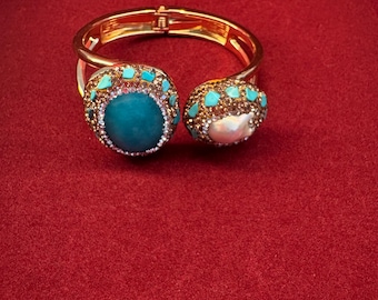 Gold Cuff Bracelet with Turquoise, Pearl Stones – Ethnic Boho Bangle