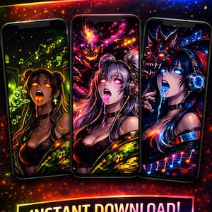 May include: Three smartphones displaying neon, cyberpunk, and demon-themed wallpapers. Each phone features a vibrant anime-style illustration with a female character. The image includes the text "3 PHONE WALLPAPERS!" and "INSTANT DOWNLOAD!"