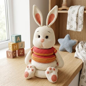 May include: A handmade crochet bunny toy in cream, with orange and red accents on the ears, paws, and striped shirt. The bunny has black eyes and a pink nose. It sits on a wooden surface near alphabet blocks and a blue star-shaped pillow.
