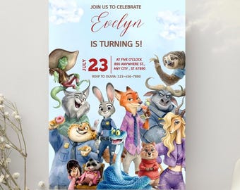 Invito di compleanno per bambina a tema Zootropolis 2, Download digitale per festa a tema animali di Zootropolis, Invito di compleanno a tema Zootropolis 2, Download digitale