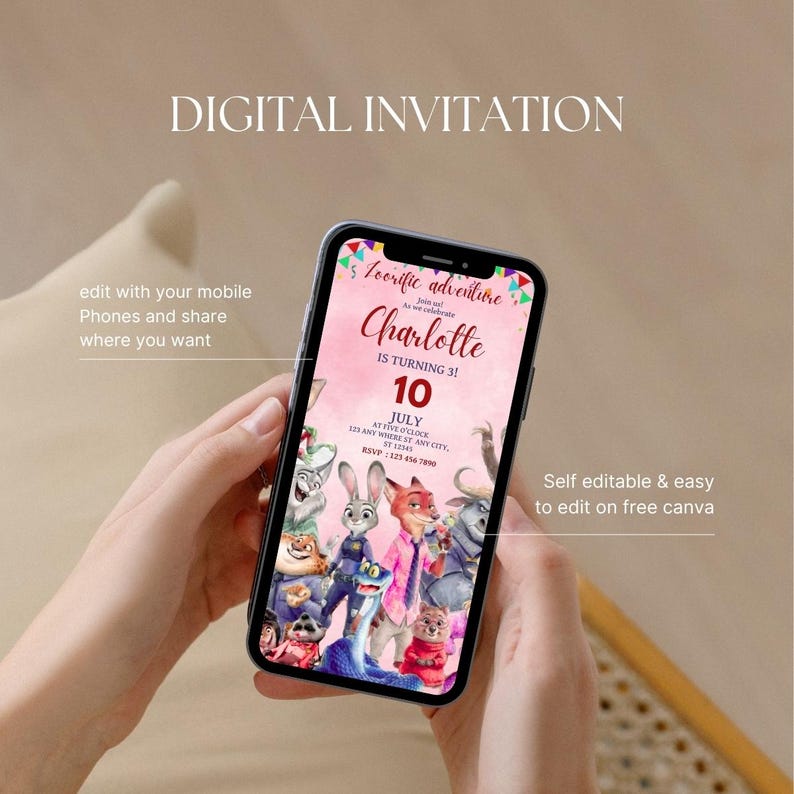 Puede incluir: Un tel&eacute;fono inteligente muestra una invitaci&oacute;n digital con fondo rosa y banderines coloridos. El texto dice "Zootopia adventure", "Charlotte IS TURNING 3!", "10 JULY" e incluye marcadores de posici&oacute;n para la hora, la ubicaci&oacute;n y el RSVP.