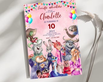 Plantilla editable para invitación de cumpleaños de Zootopia 2, descarga digital de Zootopia, Judy Hopps, invitación para fiesta de animales de Zootrópolis