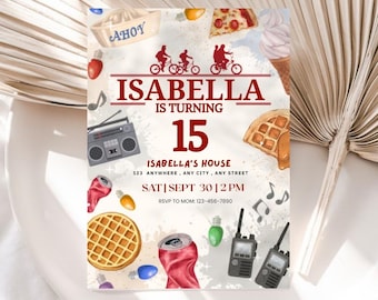 Invito per festa di compleanno a tema retrò per bambini e ragazzi, ispirata alle serie TV degli anni '80, stampabile e modificabile su Canva, download digitale immediato.