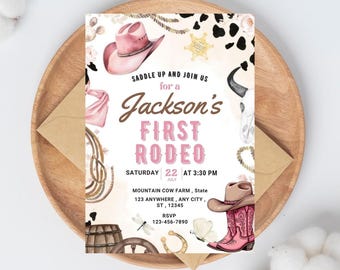 Invitación para el primer rodeo, Invitación para mi primer rodeo, Invitación de cumpleaños de vaquero, Invitaciones para el primer cumpleaños de niño, Plantilla editable para descarga digital