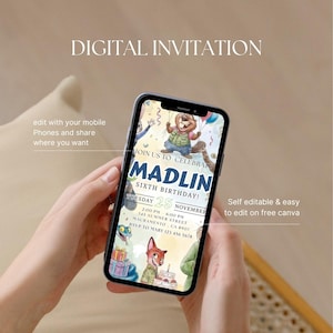 Pu&ograve; includere: Uno smartphone mostra un invito digitale di compleanno con il nome "Madlin" e il testo "Sesto Compleanno!" L'invito presenta illustrazioni di cartoni animati di animali e il testo "Invito Digitale."