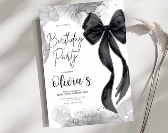 Invitación de cumpleaños con lazo negro / Invitación para fiesta en blanco y negro / Plantilla editable de Canva / Invitación para fiesta de cumpleaños / Descarga digital