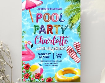 Plantilla de invitación de cumpleaños para fiesta en la piscina, invitación editable de verano con temática playera, invitación de cumpleaños tropical, invitación imprimible de Canva.