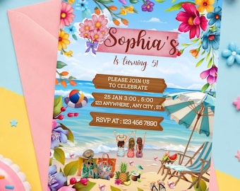 Invitación de cumpleaños, invitación para fiesta infantil con temática playera, plantilla editable de Canva, descarga digital instantánea para cumpleaños de verano.