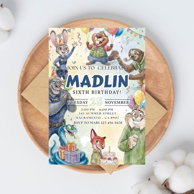 Pu&ograve; includere: Un colorato invito di compleanno con personaggi dei cartoni animati. L'invito recita "Unisciti a noi per festeggiare il sesto compleanno di Madlin!" e include i dettagli dell'evento. Il design &egrave; su un vassoio di legno con una busta.