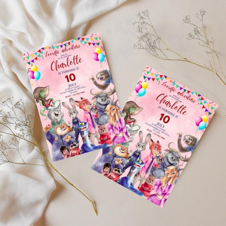 Puede incluir: Dos invitaciones de cumplea&ntilde;os rectangulares con fondo de acuarela rosa y personajes de Zootopia. El texto dice: Zootific adventure, Charlotte is turning 3, 10 July, at five o'clock, 123 any where st any city, st 12345, RSVP 123 456 7890.