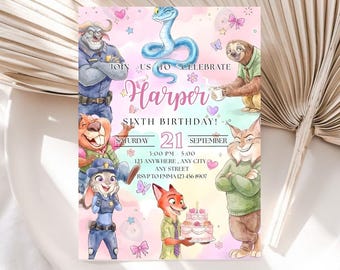 Invito di compleanno per bambina a tema Zootropolis 2 / Invito di Judy Hopps e Nick Wilde, modello Canva modificabile per feste a tema animali, download digitale.