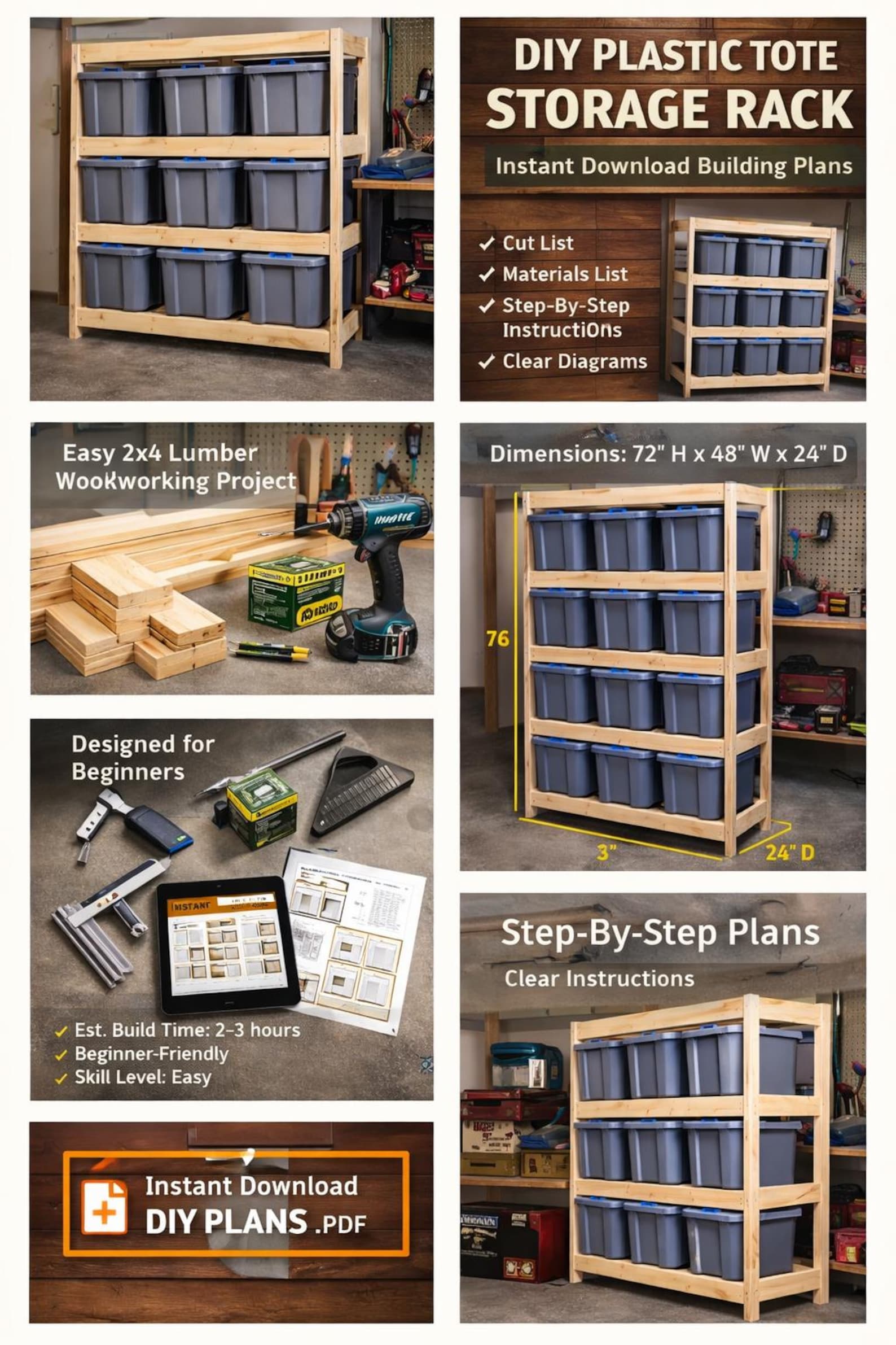 Storage Container Rack 2x4 DIY Plastic Tote Storage Rack Plans | Garage Storage Organizer | 2x4 ...