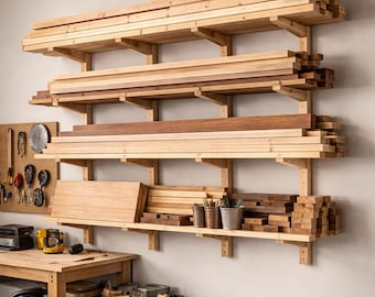 DIY Garage Lumber Rack Plans | Wall Mounted Wood Storage Rack | Woodworking Shop Organization | Instant Download PDF