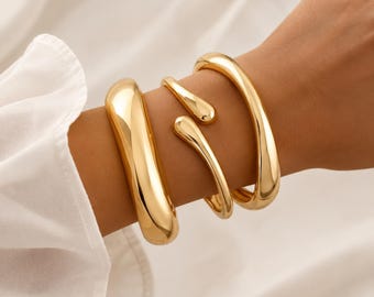 Ensemble de gros bracelets manchette en or ou en argent | Bracelets joncs audacieux pour femme, cadeau bijou tendance
