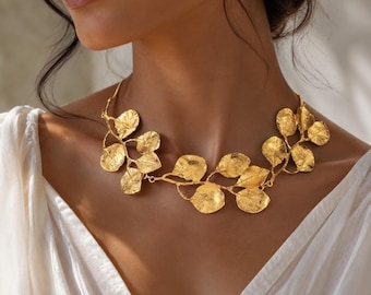 Collier ras de cou feuille d'or ou d'argent pour femme | Collier tendance botanique, cadeau de bijoux de mariage élégant