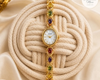 Montre-bracelet en or pour femme, montre avec pierres précieuses multicolores, cadran en nacre, montre-bracelet élégante de ton or, cadeau d'inspiration vintage