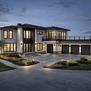 Op de afbeelding: Een modern huis met twee verdiepingen met een plat dak, meerdere ramen en een garage voor drie auto's. De buitenkant is wit met zwarte afwerking en accenten. De landschapsarchitectuur omvat een cirkelvormige oprit en een goed onderhouden gazon. De lucht is een donkerblauwe kleur.