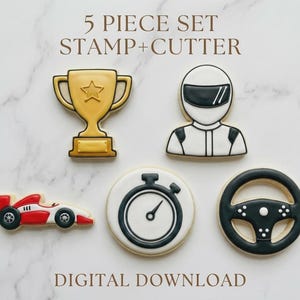 May include: A set of five racing-themed cookie cutters and stamps. Includes a gold trophy, a race car, a driver, a stopwatch, and a steering wheel. The text "5 PIECE SET STAMP+CUTTER" and "DIGITAL DOWNLOAD" are also visible.