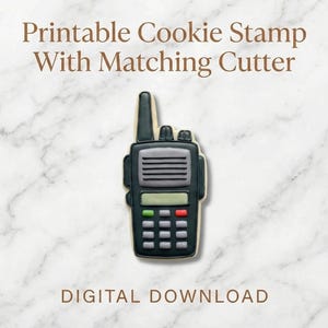 May include: A cookie in the shape of a walkie-talkie with a matching cutter. The cookie is dark gray with a light gray speaker and green, red, and black buttons. The text "Printable Cookie Stamp With Matching Cutter" and "DIGITAL DOWNLOAD" are in the image.
