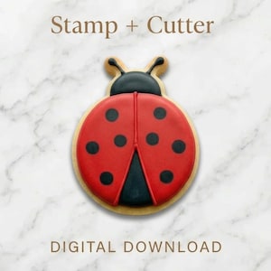 Könnte beinhalten: Ein Ausstecher und Stempel-Set in Form eines Marienkäfers. Der Keks ist rund mit roter Oberseite, schwarzen Punkten und einer schwarzen Mitte. Der Text "Stamp + Cutter" und "DIGITAL DOWNLOAD" werden angezeigt.