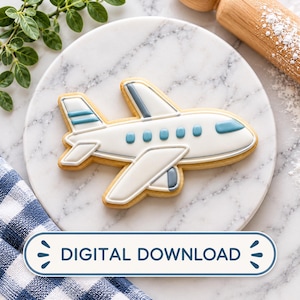 May include: An aeroplane-shaped sugar cookie decorated with white and light blue icing, featuring a cockpit window, passenger windows, and wing details. A white rectangular label with blue text reads DIGITAL DOWNLOAD.