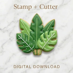 May include: A cookie cutter and stamp set featuring a tropical leaf design. The leaves are various shades of green with white vein details and a light-colored border. The text "Stamp + Cutter" and "DIGITAL DOWNLOAD" are displayed.