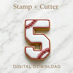 May include: A baseball-themed cookie in the shape of the number 5, decorated with white icing and red stitching details. The cookie is outlined in red and sits on a marble surface. Text at the top reads "Stamp + Cutter" and at the bottom "DIGITAL DOWNLOAD".
