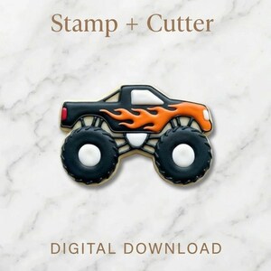 Könnte beinhalten: Ausstecher in Form eines Monstertrucks. Der Truck ist schwarz mit orangefarbenen Flammen und großen schwarzen Reifen. Der Text "Stamp + Cutter" und "DIGITAL DOWNLOAD" befinden sich oberhalb und unterhalb des Trucks.