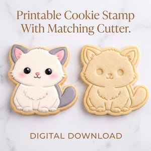 May include: Two cat-shaped cookies, one decorated and one plain, with a matching cutter. The decorated cookie has white fur, pink cheeks, and gray ears and tail. The text "Printable Cookie Stamp With Matching Cutter" and "DIGITAL DOWNLOAD" are displayed.