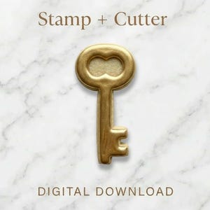 Puede incluir: Un juego de sellos y cortadores en forma de llave dorada sobre un fondo de mármol blanco. El texto "Stamp + Cutter" está en la parte superior y "DIGITAL DOWNLOAD" en la inferior. La llave tiene un diseño detallado.
