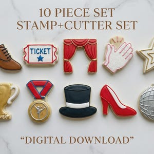 May include: A collection of ten cookie cutters in diverse shapes, such as a shoe, ticket, stage curtains, hand, star, trophy, medal, top hat, high heel, and disco ball. The text "10 PIECE SET STAMP+CUTTER SET" and "DIGITAL DOWNLOAD" are also visible.