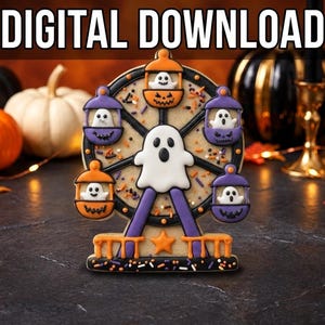 Peut inclure: Un biscuit en forme de grande roue avec un grand fantôme blanc au centre et des fantômes plus petits dans des nacelles orange et violettes. Le biscuit est décoré de glaçage et de vermicelles noirs, orange et violets. Le texte DIGITAL DOWNLOAD est visible.