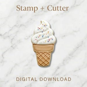 May include: An ice cream cone cookie cutter and stamp set. The cookie is shaped like a soft-serve ice cream cone with white frosting and colorful sprinkles. The cone is light brown with a waffle pattern. Text reads "Stamp + Cutter" and "Digital Download".