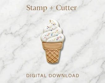 May include: An ice cream cone cookie cutter and stamp set. The cookie is shaped like a soft-serve ice cream cone with white frosting and colorful sprinkles. The cone is light brown with a waffle pattern. Text reads "Stamp + Cutter" and "Digital Download".